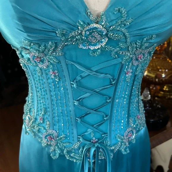 Turquoise Blue Silk Corset Halter Evening Prom Gown - Picture 12 of 16